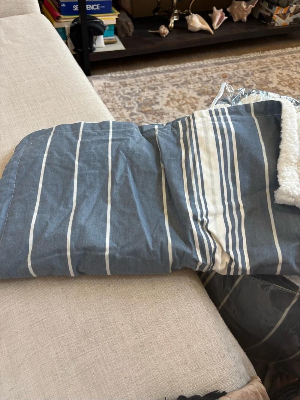 UGG Queen Comforter Set Cornflower Blue Stripe Sherpa Lined Cozy Bedding